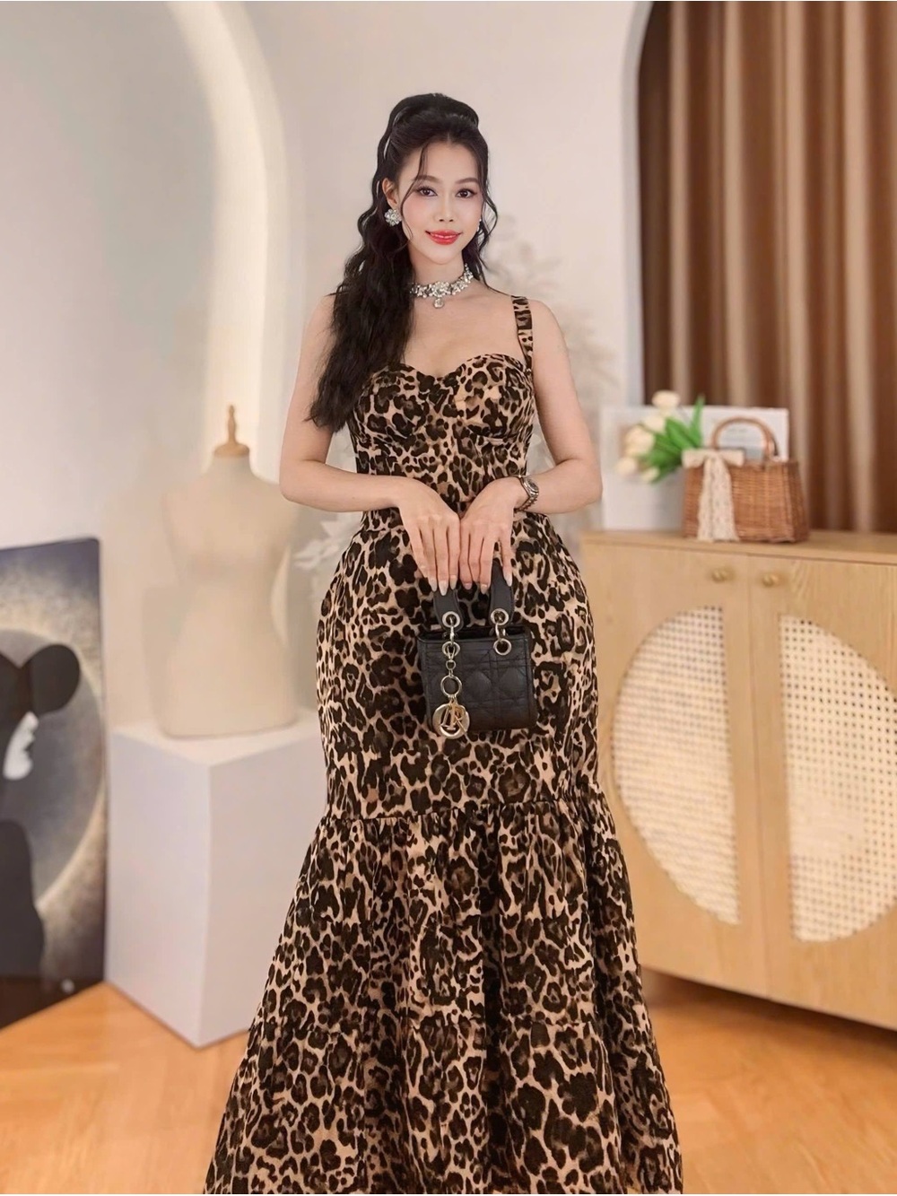 Leopard-Print Sleeveless Maxi Dress in Brown